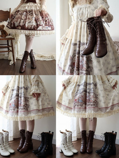 Retro Style Brown Lolita Mid-Calf Boots with Lace-up Detail & Buckle Accents - MODO