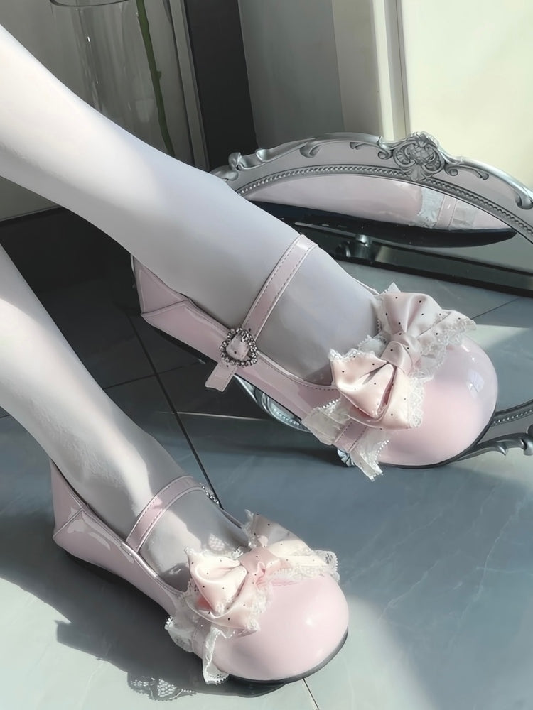 Pink Sweet Lolita Round Toe Flats - Polka Dot Bow with Lace Trim & Crystal Heart Snap