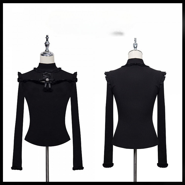 Jirai Kei – Schwarzes Oberteil mit Plüschbesatz, Cut-Out-Detail, Schleife und Strassverzierung