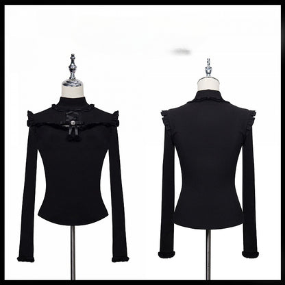 Jirai Kei – Schwarzes Oberteil mit Plüschbesatz, Cut-Out-Detail, Schleife und Strassverzierung