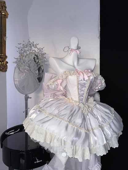 軽いドレススクエアネックラインとショートパフスリーブスイートロリータプリンセスパープルパフィー