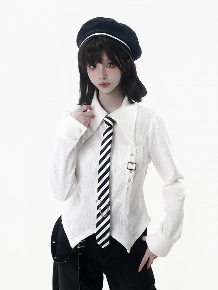 White Pointed and Shirt with Hem Collar Slim-Fit