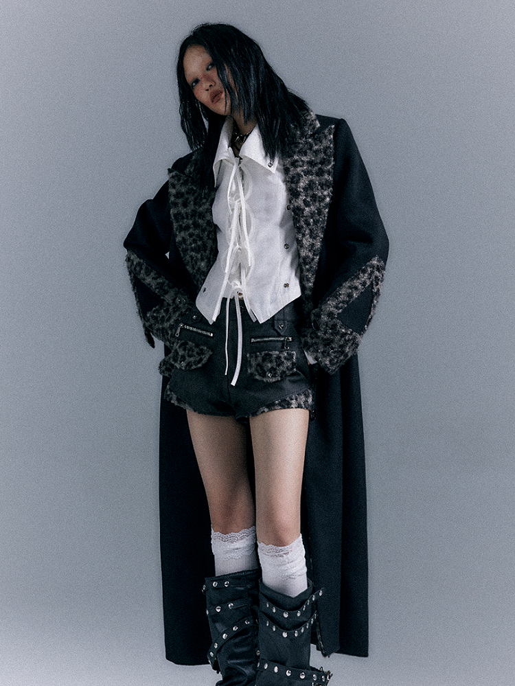 Black Wool Coat with Vintage Leopard Accents