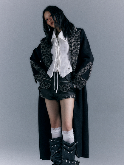 Black Wool Coat with Vintage Leopard Accents