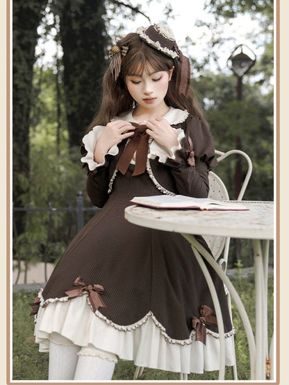OP Boned Two-Piece Fake Cute Brown Long-Sleeve Lolita Dress