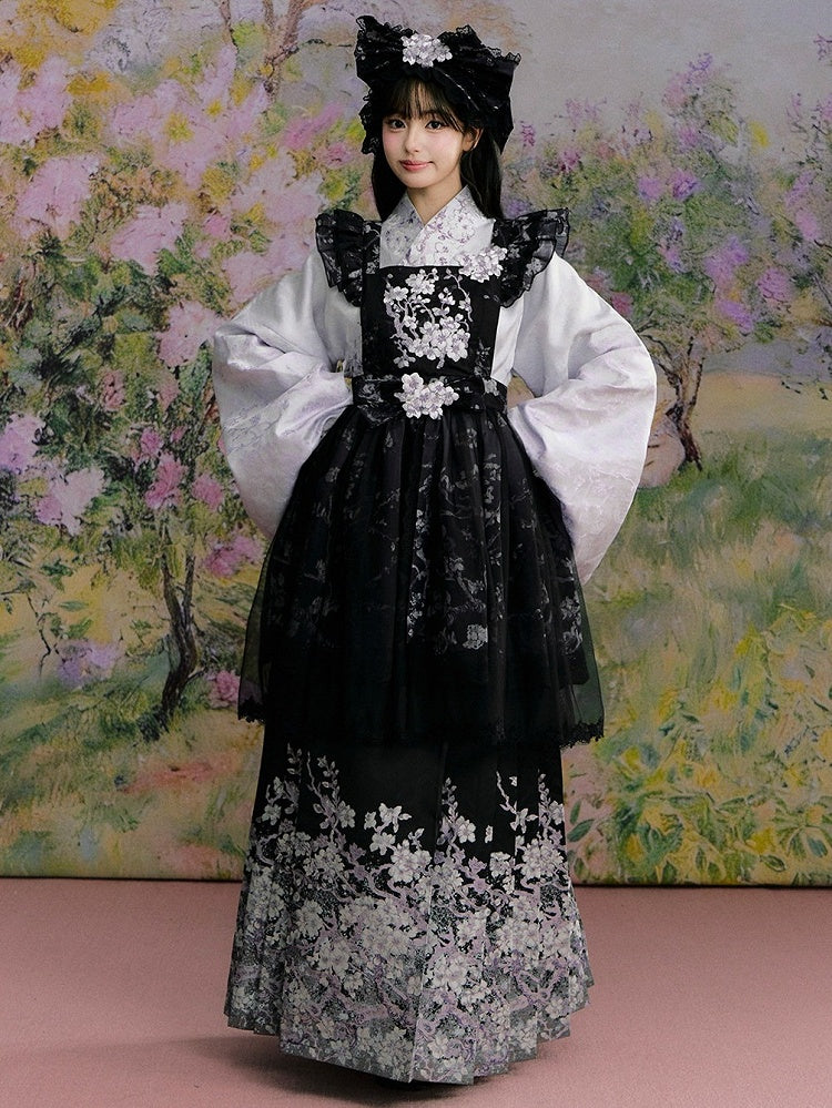 Black Floral Pleated Hanfu Skirt - Yimu Walnut