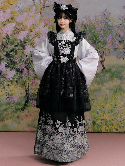 Black Floral Pleated Hanfu Skirt - Yimu Walnut