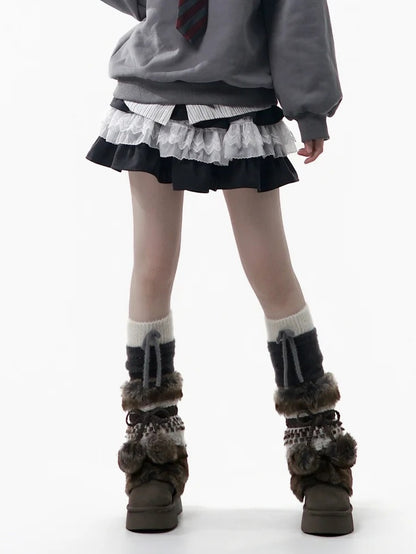 White Skirt Trim Lace Kawaii Elastic Black with Tiered Waistband