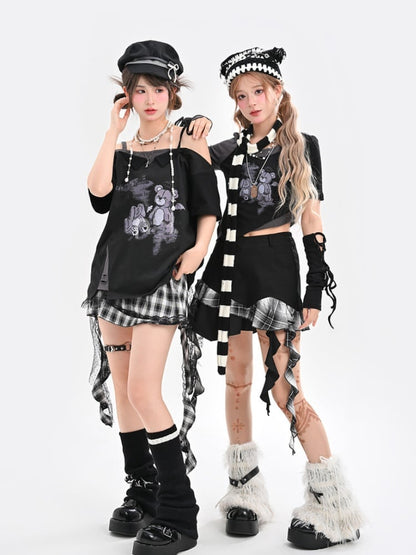 ブラックテディベア アシンメトリーヘム フェイクツーピース クロップドTシャツ（レースアップグローブ付き）