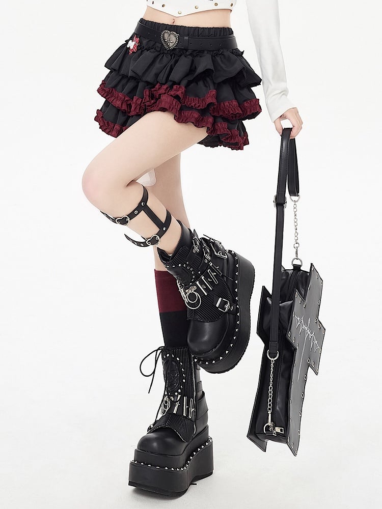 裾フリー、パンクベルト付きフリルスカート、ブラックウエストティアード