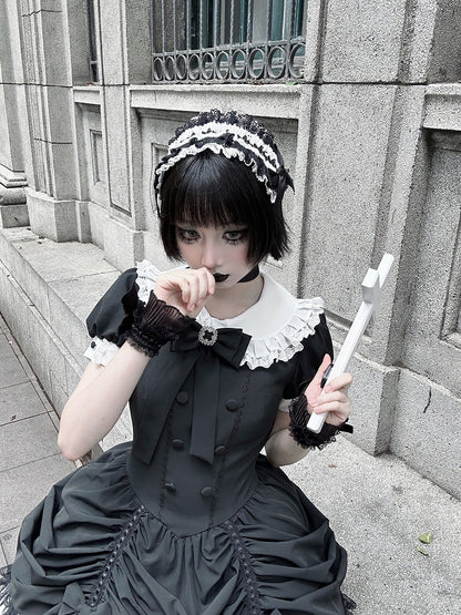 and Asymmetrical Dress Black Lolita Peter Pan White Skirt Tiered Gothic Sleeves Collar Short