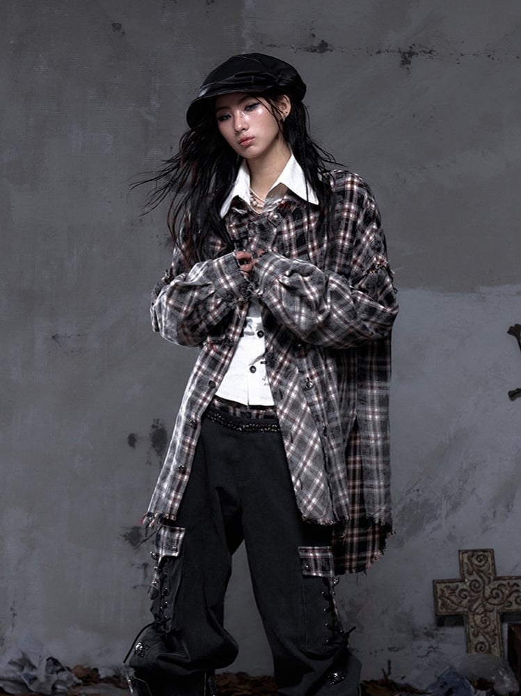 Faded Shirt Frayed Rock White Distressed Punk Edgy with Black Multi-Button Placket Hem Plaid