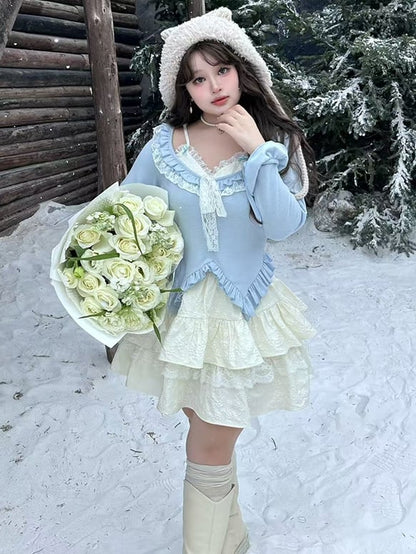 Plus Size Hellblaues zweiteiliges Top mit Rüschenbesatz und V-Ausschnitt und langen Ärmeln