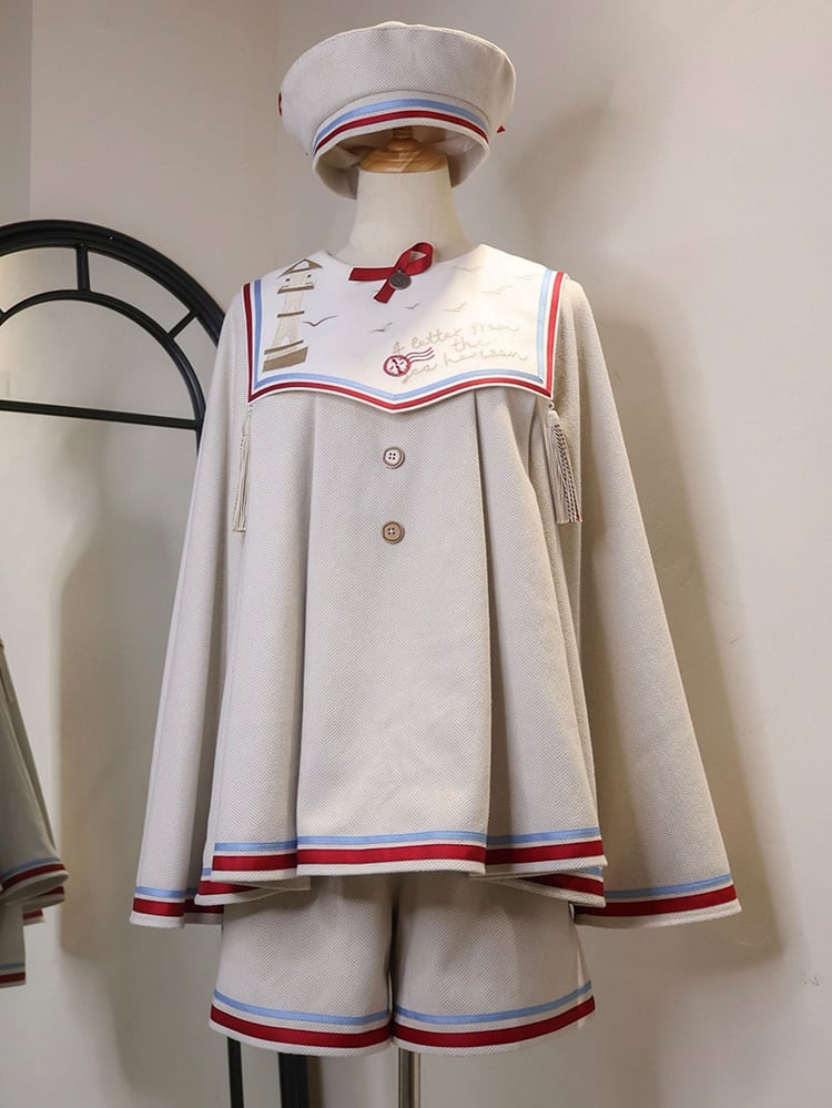 Beige Ouji Sailor Lolita Full Set-Beige Sailor Collor Top + Beige Ouji Shorts + Beige Beret Hat
