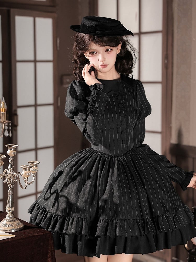 Black Striped Long Sleeve Short Lolita OP Dress with Mini Hat & 2-Way Bow Brooch Set - With PUJI