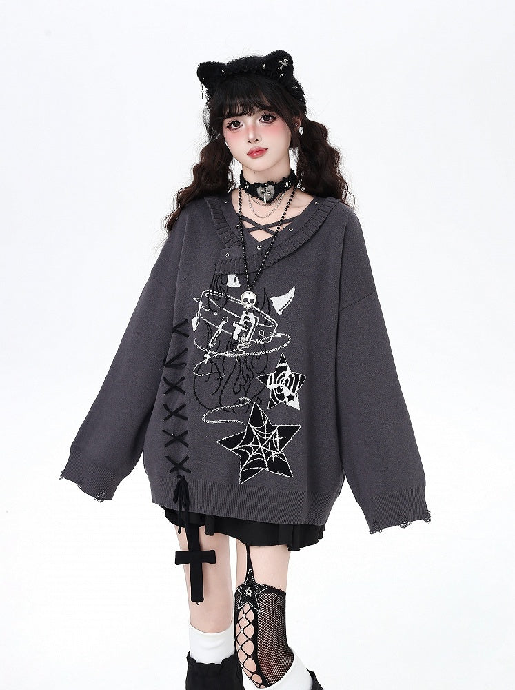 Black/Gray Lace-Up Sweater with Spiderweb Pentagram  Choker Print Gothic