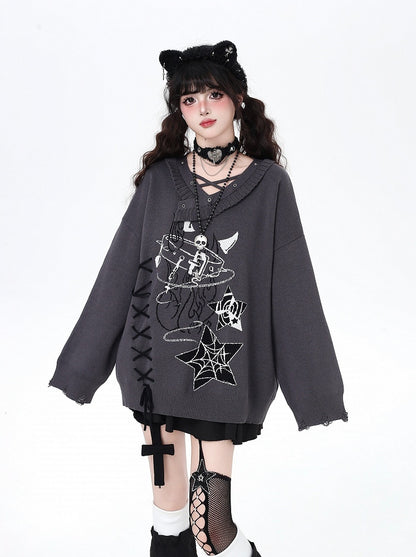 Black/Gray Lace-Up Sweater with Spiderweb Pentagram  Choker Print Gothic