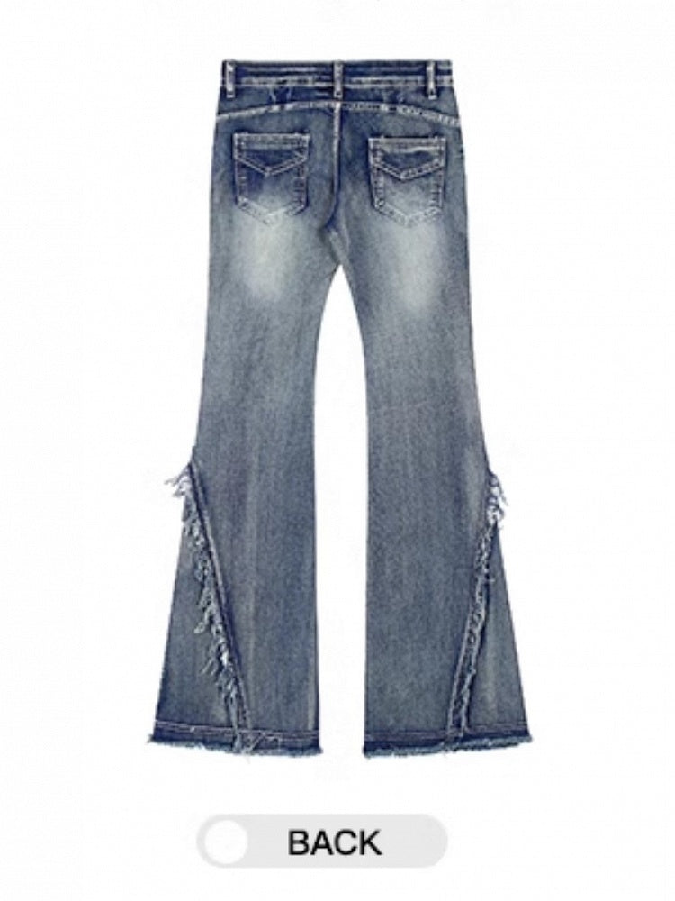 with Raw Slimming Seams Blue Side Jeans Hem Flare Fit Floor-Length