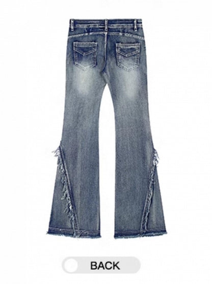 with Raw Slimming Seams Blue Side Jeans Hem Flare Fit Floor-Length