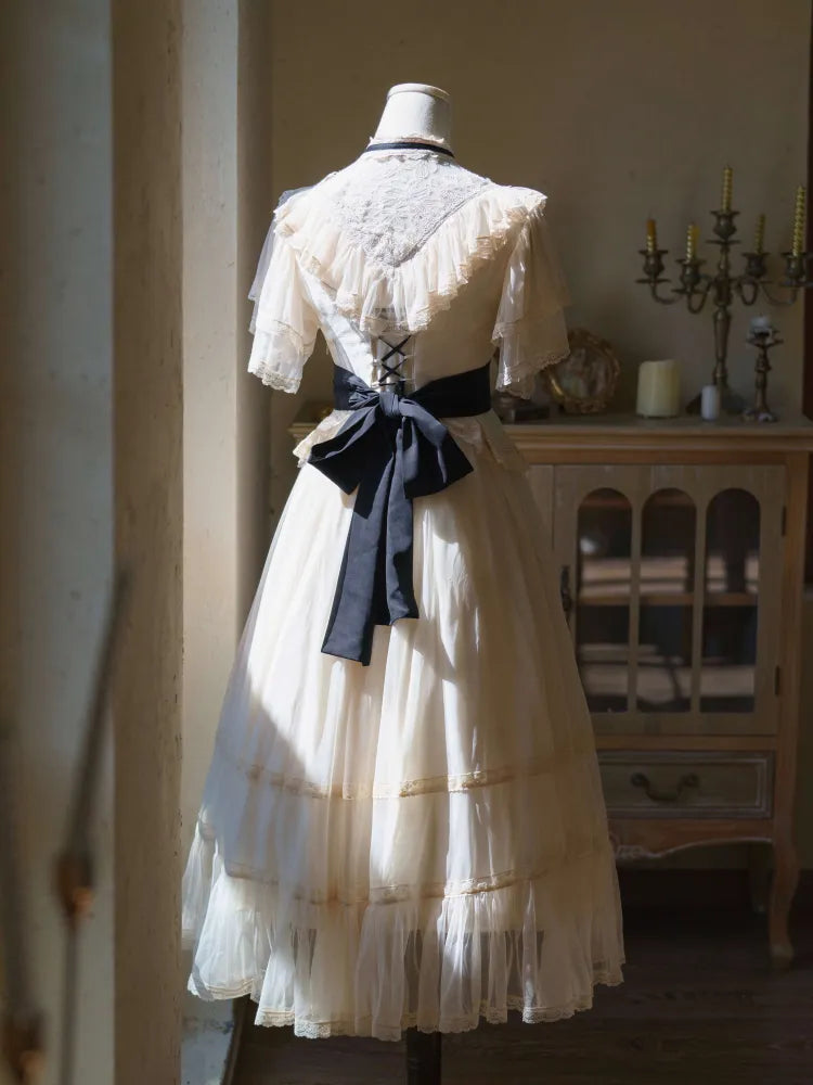 Beige Klassische Taille Schwarz Elegante Kleid Ausschnitt Lolita Illusion Edward Gürtel mit