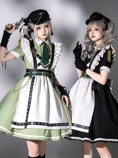 Kleid kurz Militär voller Lolita Flatterärmel und Dienstmädchen Schürze Set schwarz
