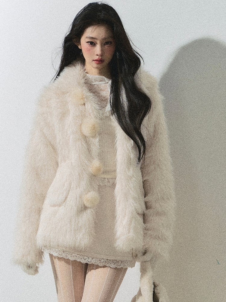Kunstpelzmantel mit Pompom-Knopf-Design