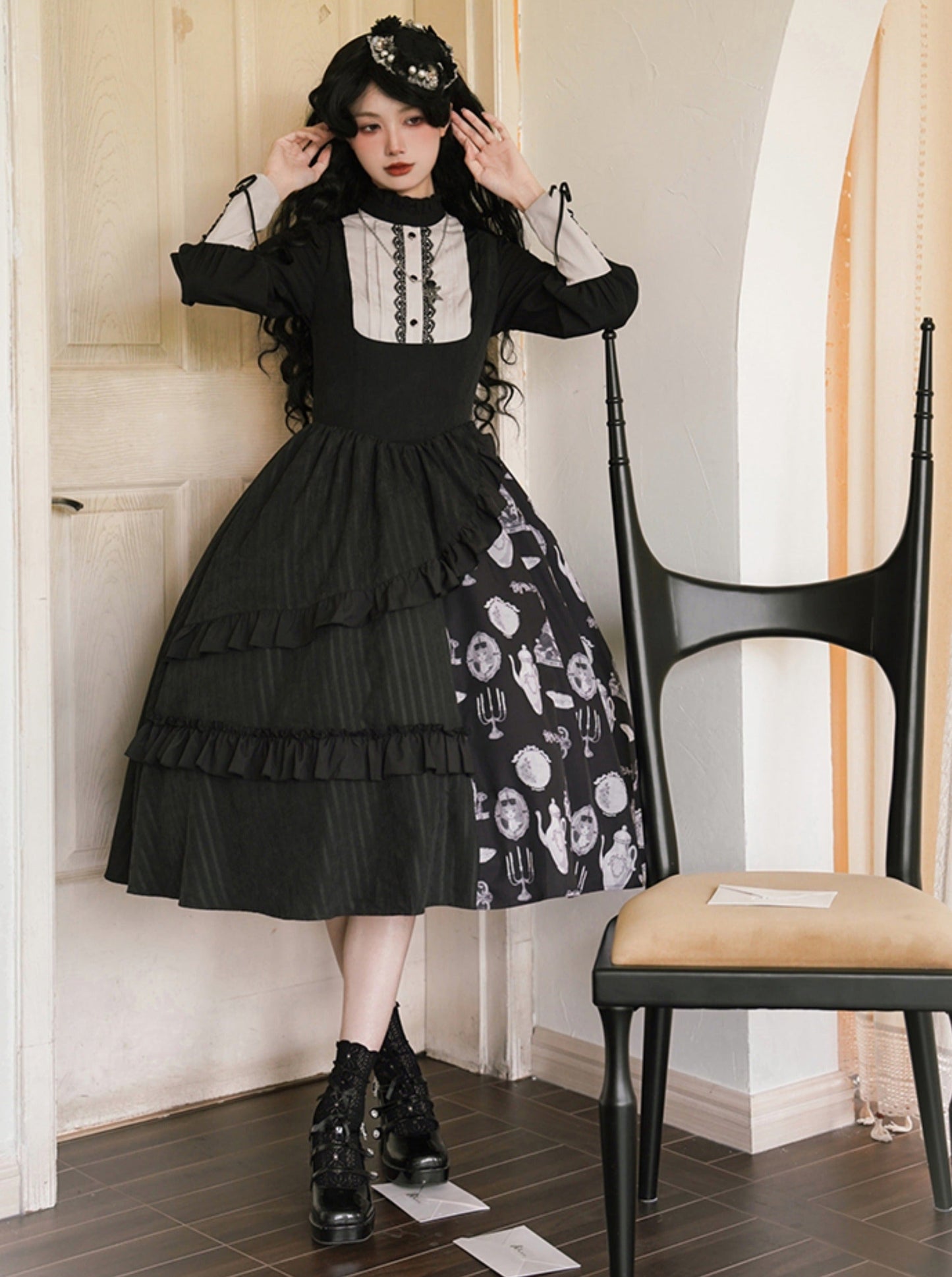 サスペンダースカート + エレガントなプジブラウスプリントデザインオリジナルKula