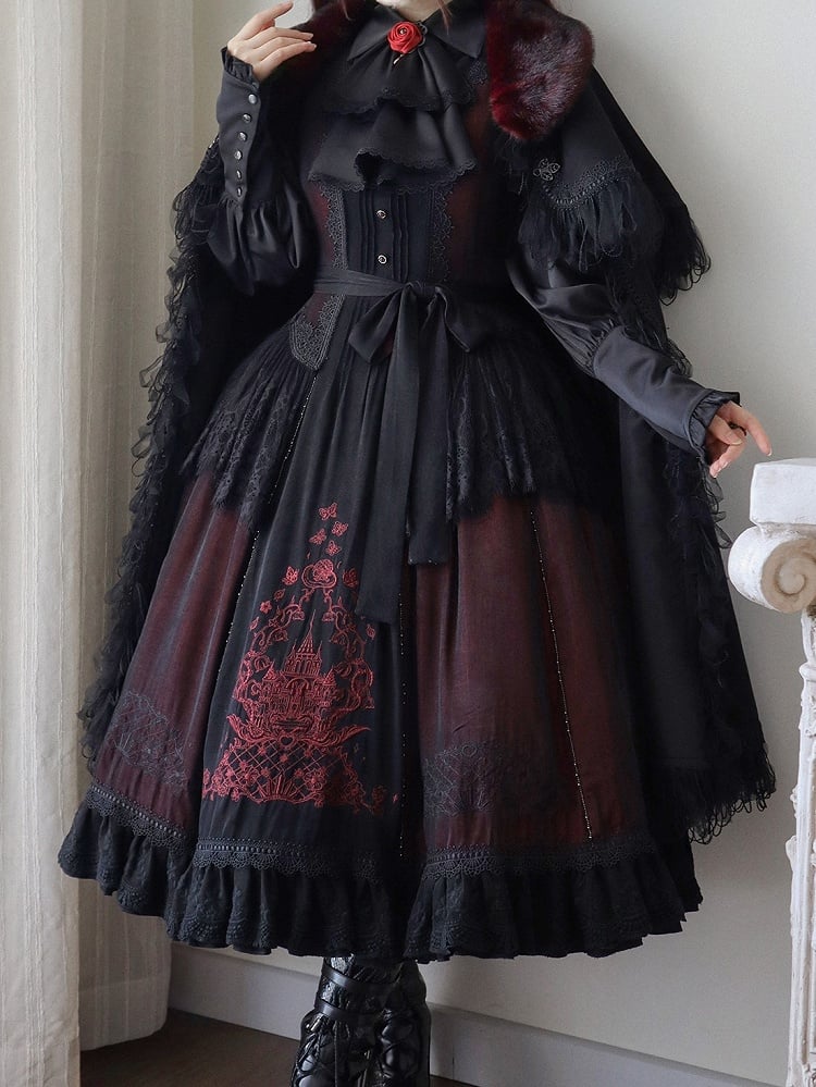 Neckline Embroidered Square Dress+Blouse+Cape+Brooch Set Red Lolita Black Gothic