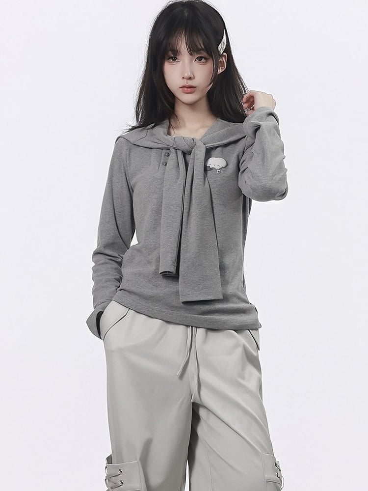 Kawaii Grey Puffy Mouse Print Waist-cinching Long Sleeve Top with Shawl - PINK SAVIOR