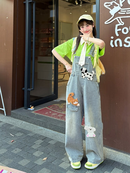 ライトブルーのハイウエストの愛らしい動物のアップリケデニムオーバーオール