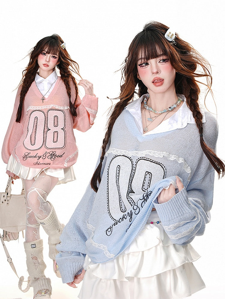 Blue/Pink Semi-sheer Lace Appliques Preppy Style Sun Protection Top Faux