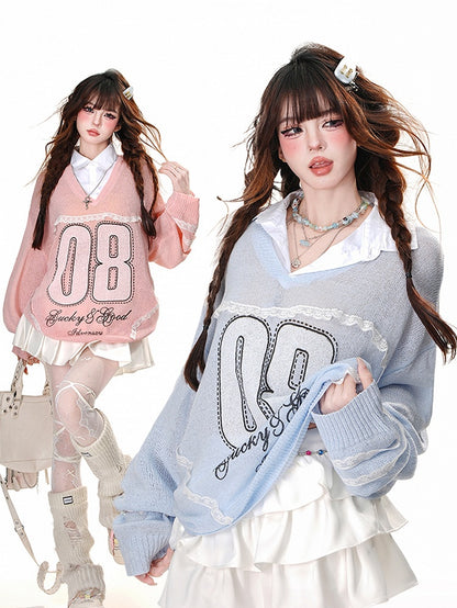 Blue/Pink Semi-sheer Lace Appliques Preppy Style Sun Protection Top Faux