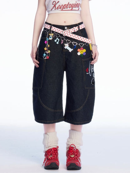 ウエストハート刺繍ワイドレッグカーゴジーンズ ブラック ロー