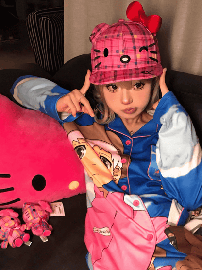 Pink Plaid Kitty Adjustable Baseball Cap with Detachable Bow