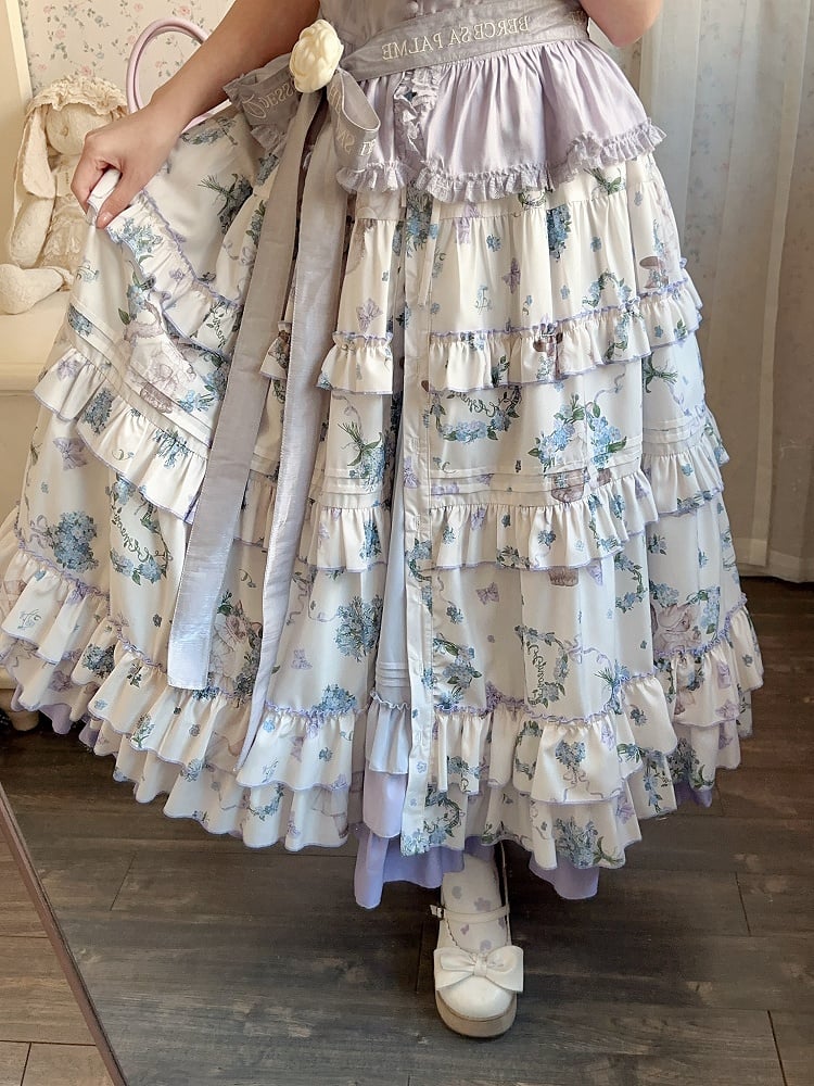 Kitty and Floral Print Front Button Placket Pink House Style Lolita Skirt