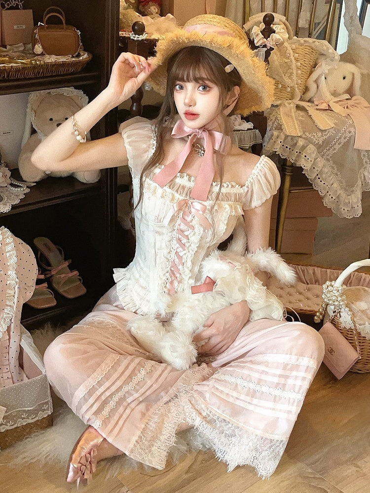 Pink Ruffled With Puff Floral Hem Top Two-Piece Corset Sleeves Faux Peplum