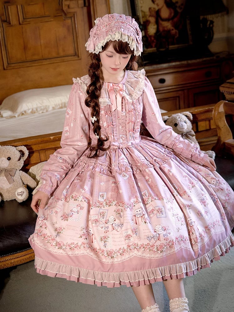Pink Floral and Kitty Spring Long Sleeves Pink House Style Sweet Lolita Dress