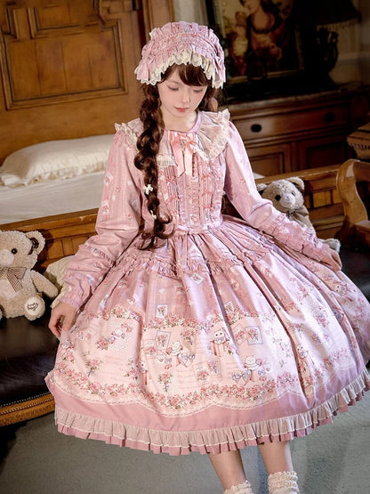 Pink Floral and Kitty Spring Long Sleeves Pink House Style Sweet Lolita Dress