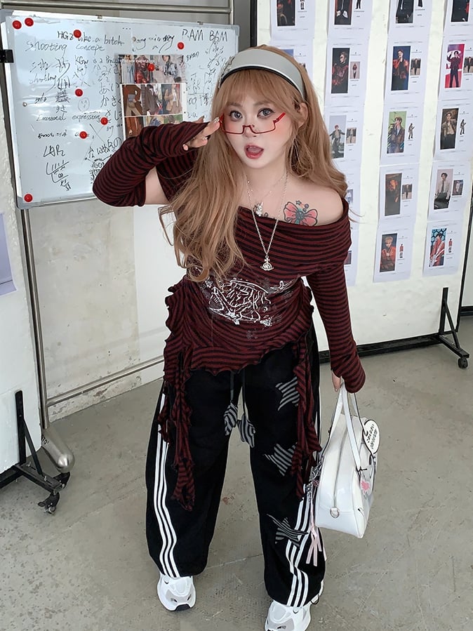 Size Black Wide-leg Casual Pants with Striped Star Appliques Plus Y2K