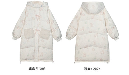 Süße weiße Daunenjacke mit Kapuze und Lamm-Print, kurze/lange Version
