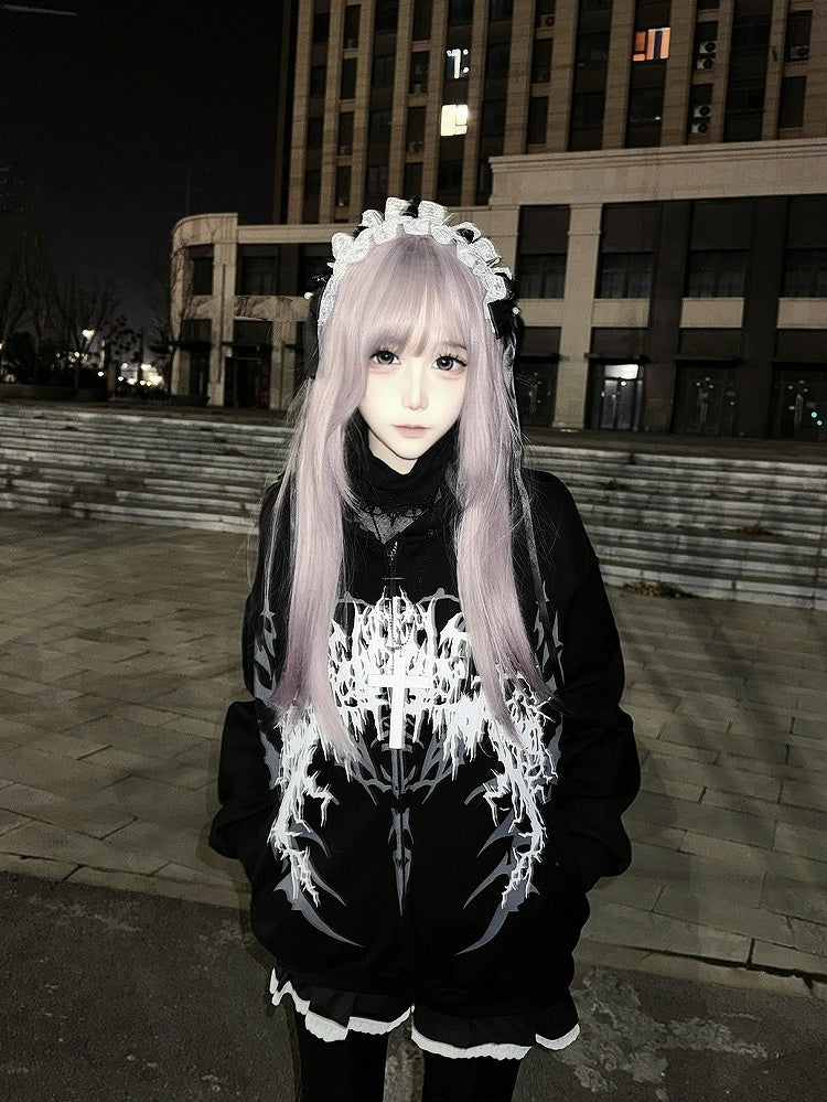 Print Fantasy Dark Black/White Gothic with Striped-Lined Lightweight Hoodie
