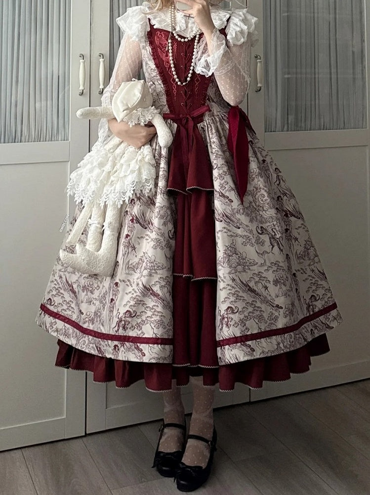 Animals and Bodice Elegant Forest with Corset Print Lolita Dress Red