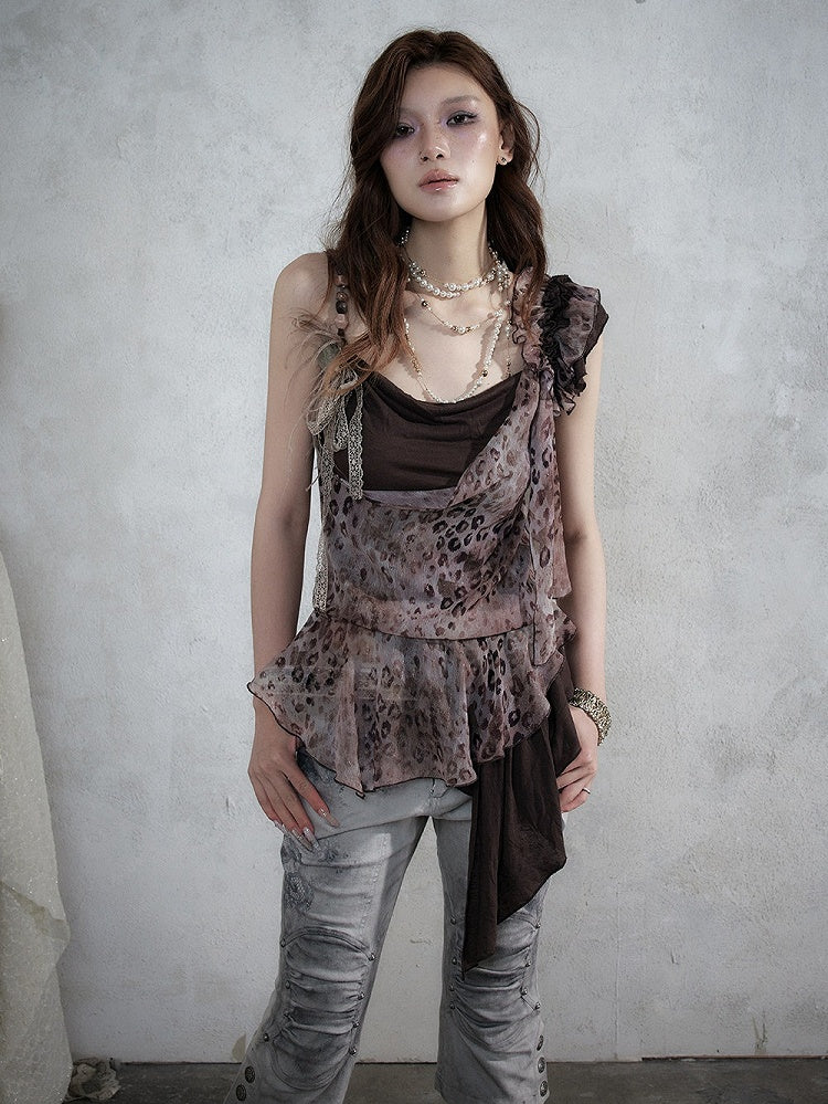 Brown Leopard Cowl-Neck Asymmetric Faux Two-Piece Dress - NO ROMANCE