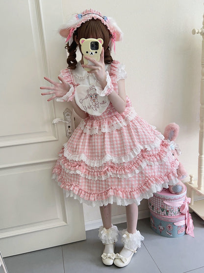 Only Dress Pink Back Multi-Layered Gingham + Bow Ruffle Sweet Lolita / Pattern JSK