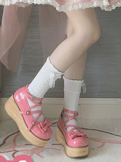 Crisscross Pink Accents Design Toe Round Platforms Rose Bow Sweet Polished Lolita -