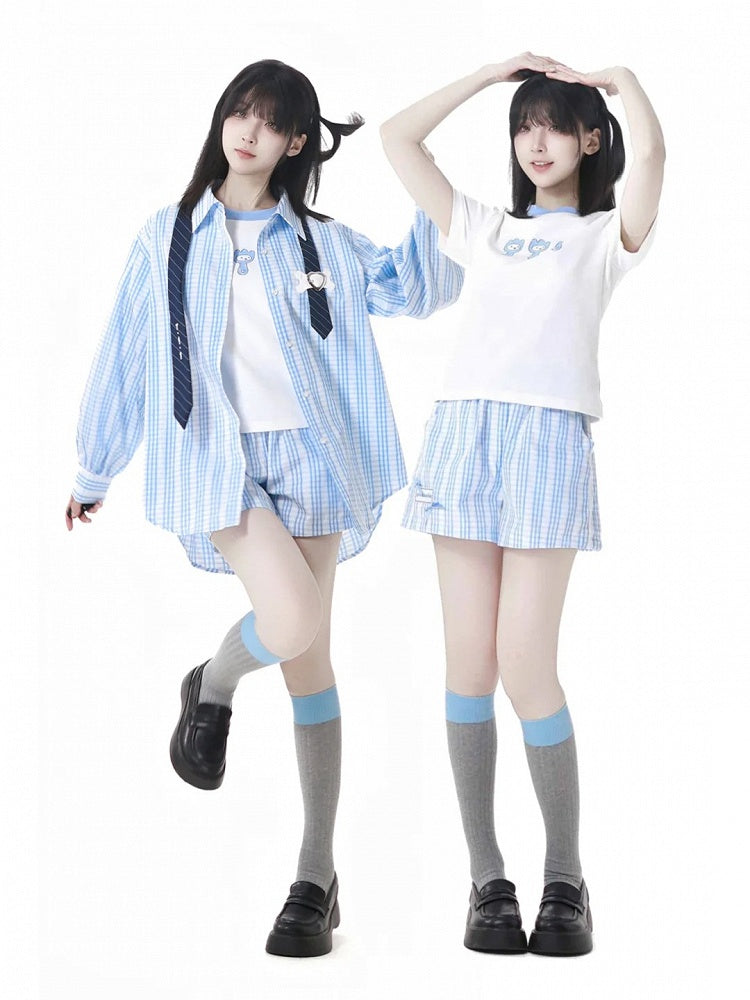 Round Neck Cute Cartoon Print T-Shirt Contrast Trim White Blue