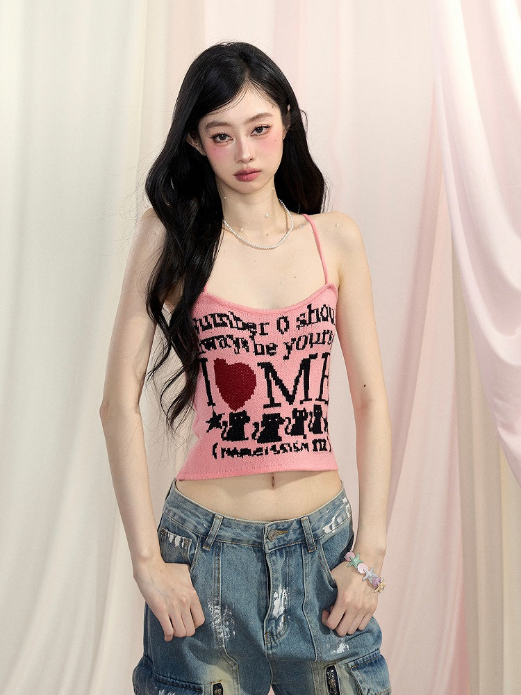 Cropped Top mit Buchstaben-Print, glamourös, Pink/Schwarz/Apricot, Neckholder