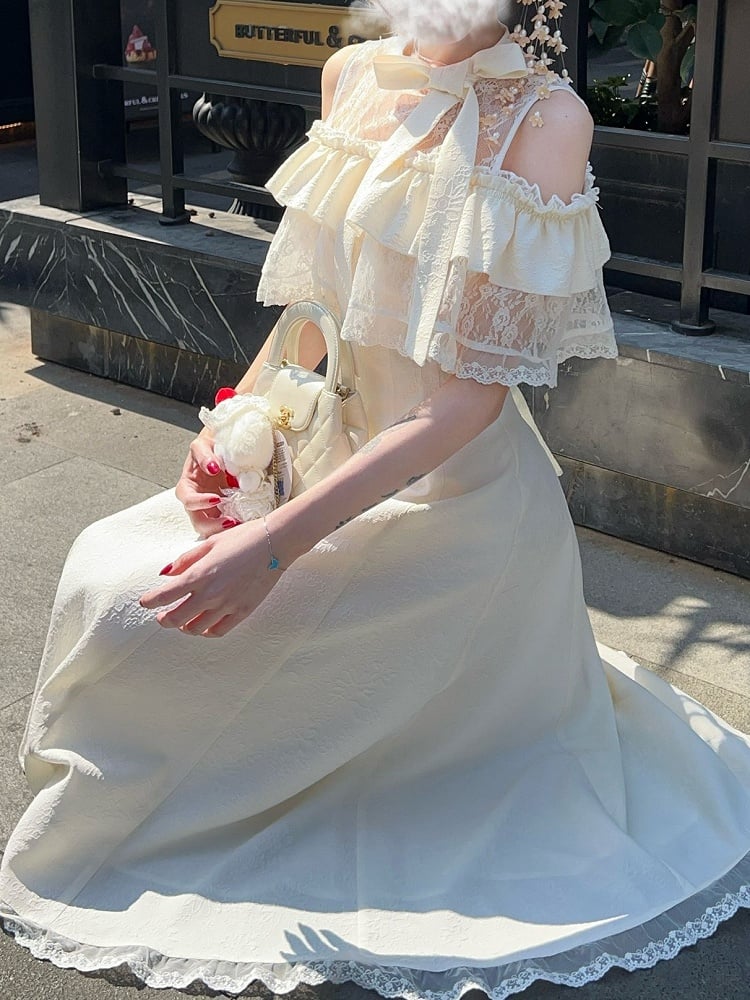 Jirai Beige Innocent Long Style Clean with Dress Flounce Off-Shoulder Kei Tiered