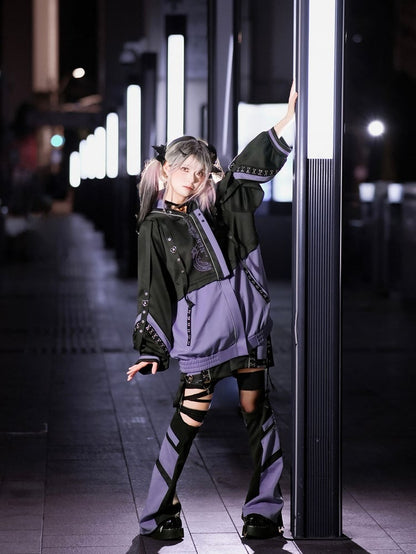 Panel Black with - Futuristic Techwear Detachable Kei Cat-Ear Purple Jirai Jacket Hood Streetwear