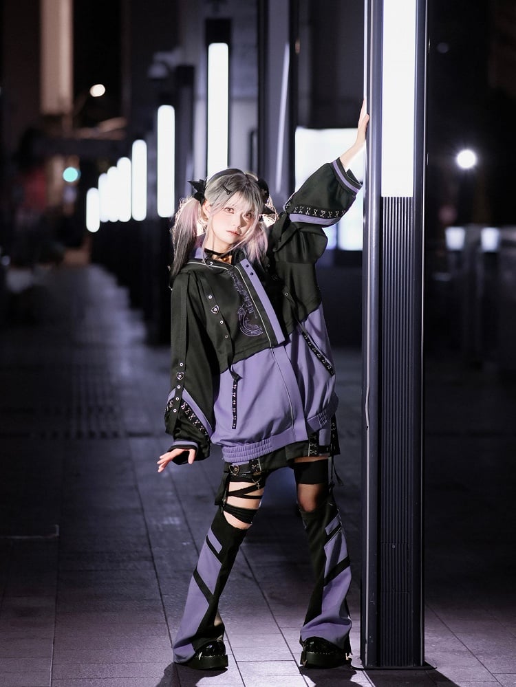 Cyberpunk-Style and Purple Colorblock Black - Techwear Jirai Design Warmers Kei Leg